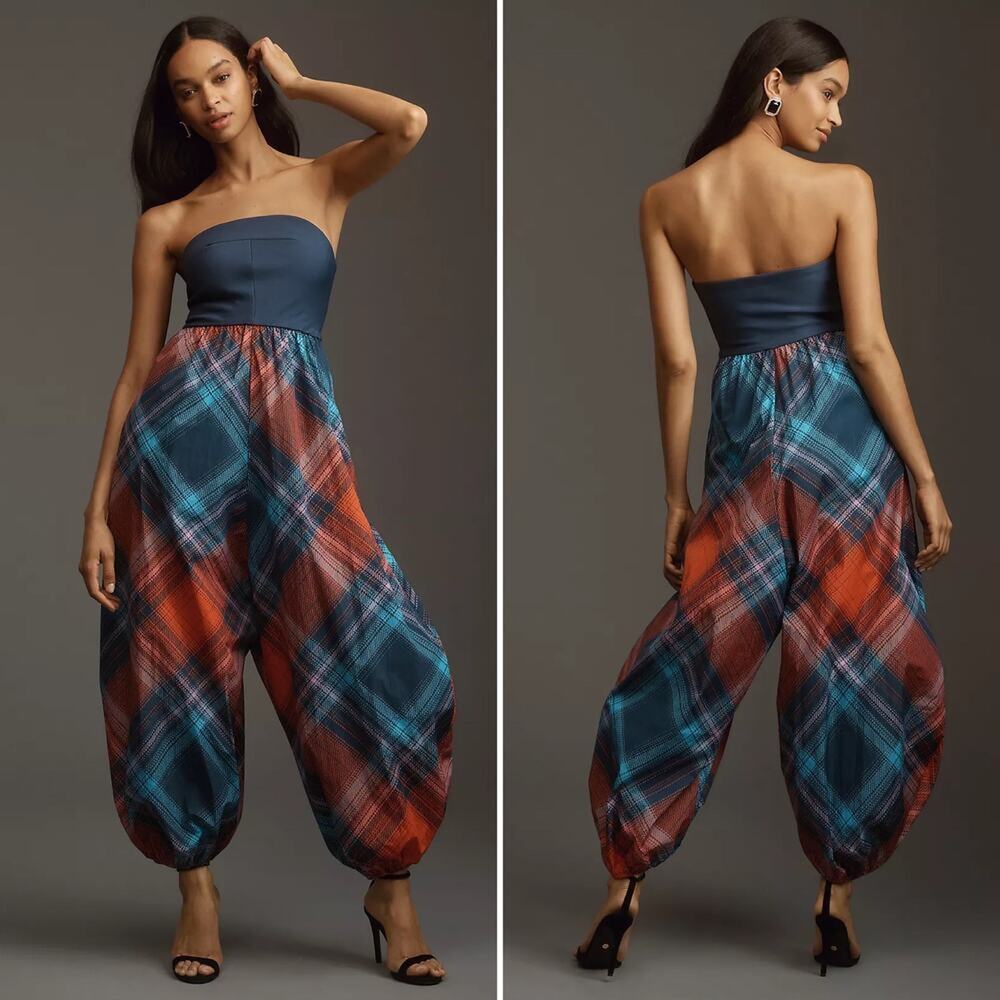Maeve Gathered Balloon Windbreaker Plaid Strapless Jumpsuit Size S